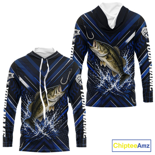 Blue Largemouth Bass Hooded Fishing Shirt Long Sleeve, Personalized Fishing Jersey, Custom Team Fishing Apparel NHT1581