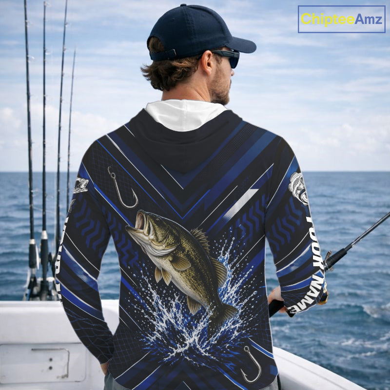 Blue Largemouth Bass Hooded Fishing Shirt Long Sleeve, Personalized Fishing Jersey, Custom Team Fishing Apparel NHT1581