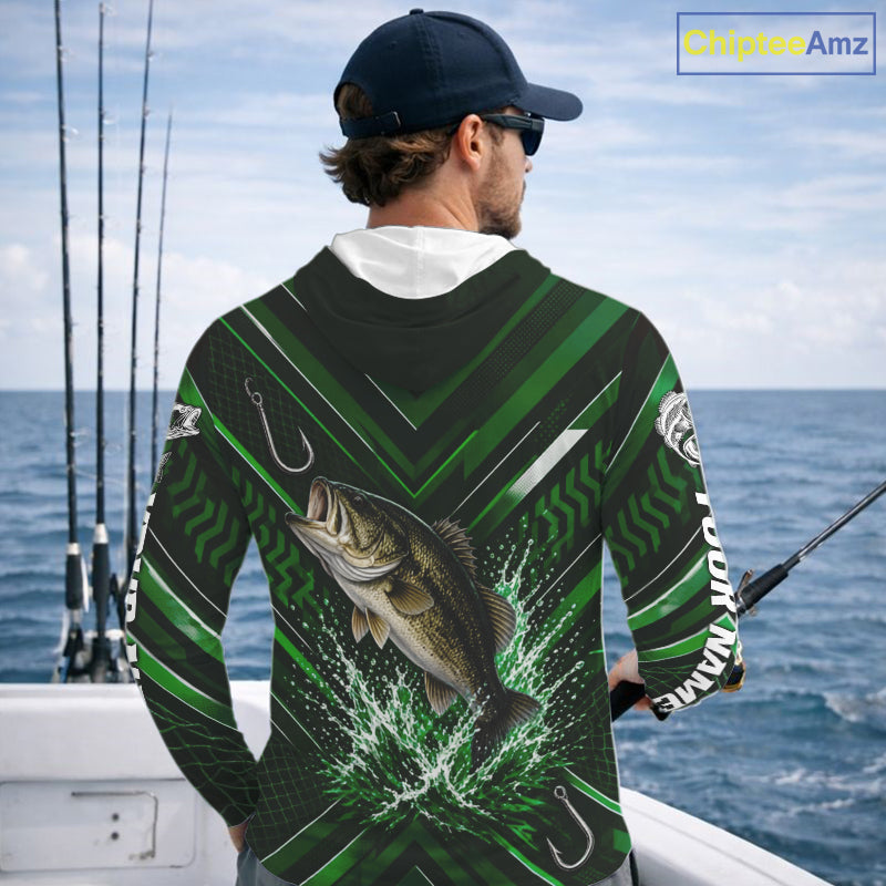 Green Largemouth Bass Hooded Fishing Shirt Long Sleeve, Personalized Fishing Jersey, Custom Team Fishing Apparel NHT1582