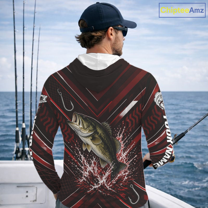 Red Largemouth Bass Hooded Fishing Shirt Long Sleeve, Personalized Fishing Jersey, Custom Team Fishing Apparel NHT1583