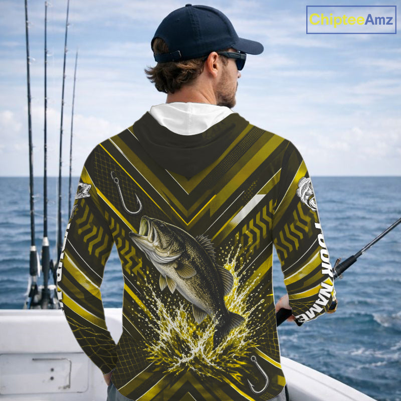 Yellow Largemouth Bass Hooded Fishing Shirt Long Sleeve, Personalized Fishing Jersey, Custom Team Fishing Apparel NHT1584