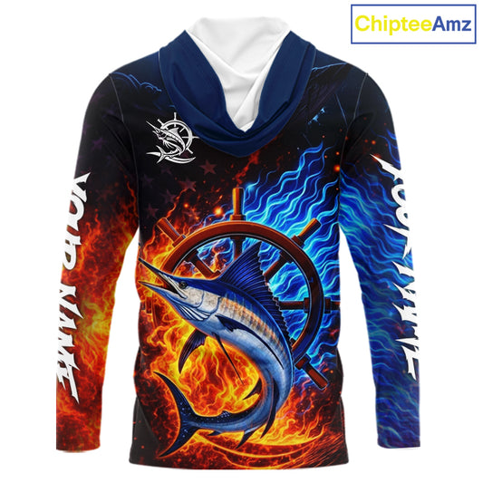Marlin Fishing Shirt Long Sleeve Blue Fire Flame Smoke Personalized Name, Best Fishing Gift NHT427