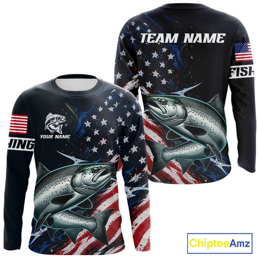Chinook Salmon Long Sleeve Fishing Shirt USA Flag Camo, Custom