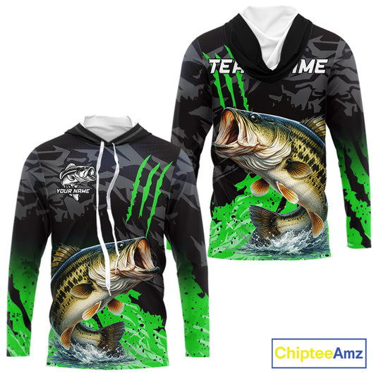 Hooded Largemouth Bass Fishing Jerseys For Men, Custom Bass Performance Fishing Apparel|Green NHT1418