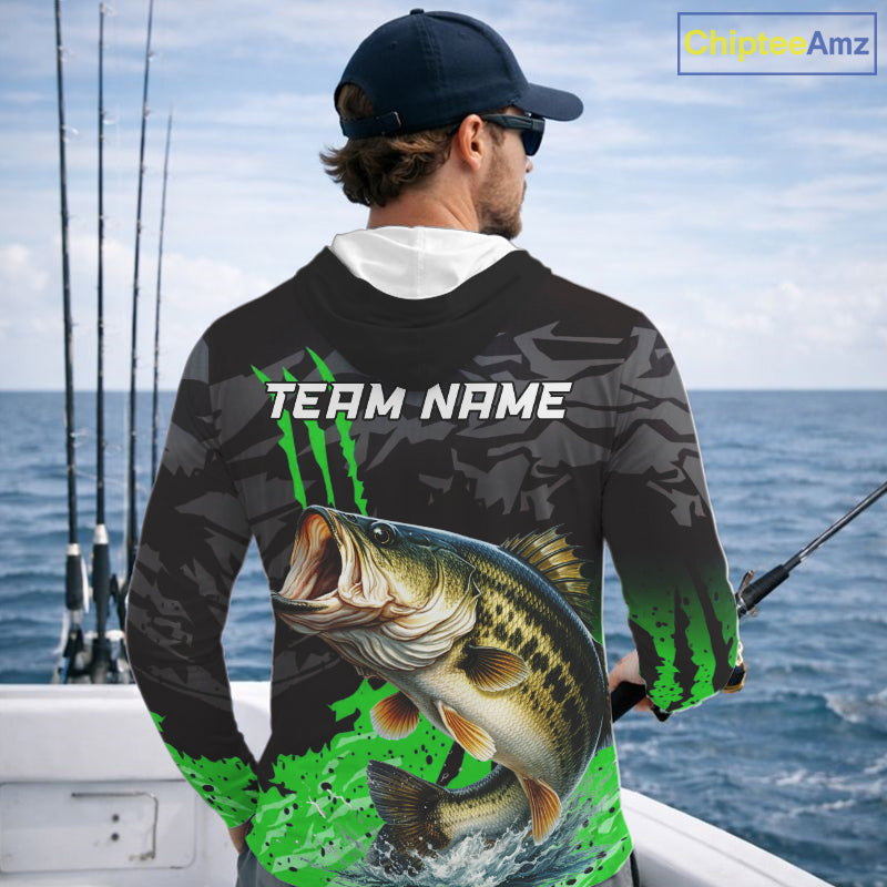 Hooded Largemouth Bass Fishing Jerseys For Men, Custom Bass Performance Fishing Apparel|Green NHT1418