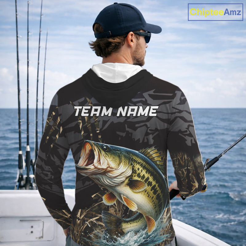 Hooded Largemouth Bass Fishing Jerseys For Men, Custom Bass Performance Fishing Apparel|Camo NHT1420
