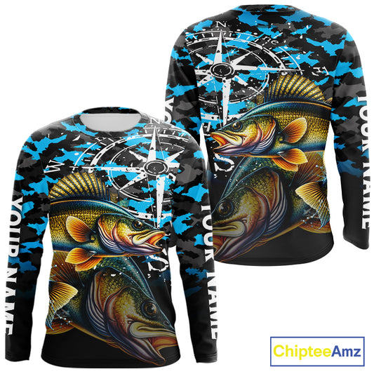 Walleye Fishing Shirt For Men, Blue Camo Compass Long Sleeve Fishing Jersey NHT1763