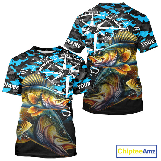 Walleye Fishing Shirt For Men, Blue Camo Compass Short Sleeve Fishing Jersey NHT1763