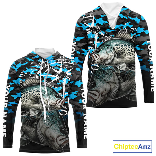 Crappie Hooded Fishing Shirt For Men, Blue Camo Compass Long Sleeve Fishing Jersey NHT1764