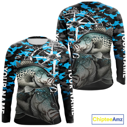 Crappie Fishing Shirt For Men, Blue Camo Compass Long Sleeve Fishing Jersey NHT1764