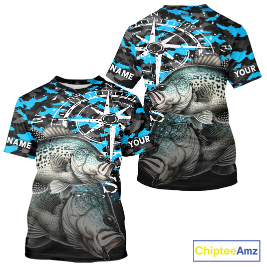 Crappie Fishing Shirt For Men, Blue Camo Compass Short Sleeve Fishing Jersey NHT1764