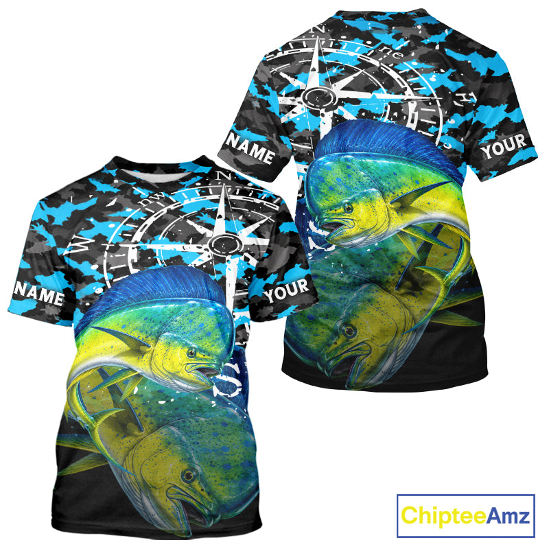 Mahi Mahi Fishing Shirt For Men, Blue Camo Compass Short Sleeve Fishing Jersey NHT1765