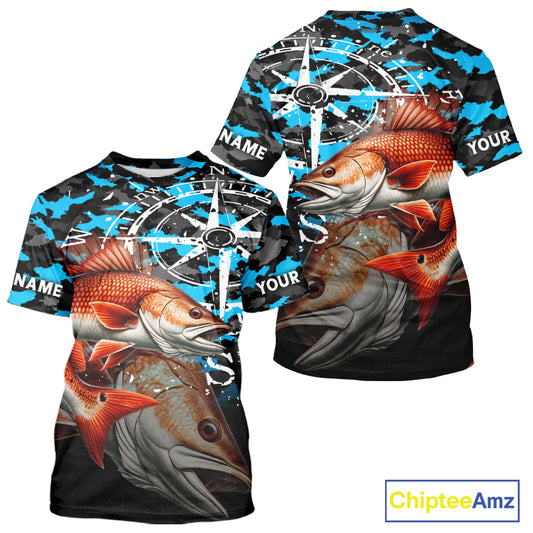 Redfish( Red Drum) Fishing Shirt For Men, Blue Camo Compass Short Sleeve Fishing Jersey NHT1766