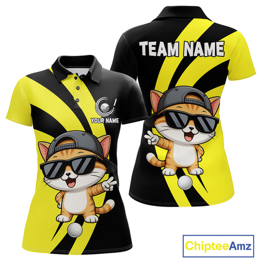 Funny Cat Golfer Polo, Custom Name Team Women Golf Shirt, Golf Top NHT1425