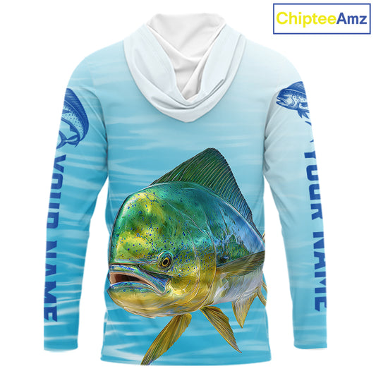 Hooded Mahi Mahi Ocean Blue Performance Fishing Shirt, Mahi Mahi Tournament Fishing Shirts NHT615