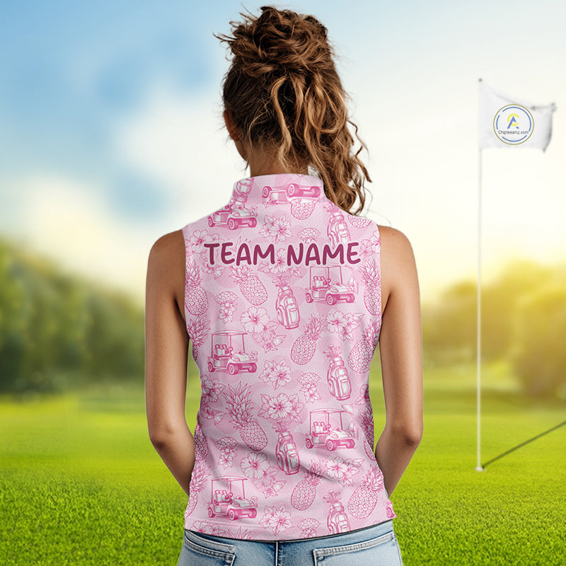 Funny Sleeveless Womens Golf Polo Shirt Pineapple Floral Golf Cart Pattern All Over Print Tropical Performance Top NHT842