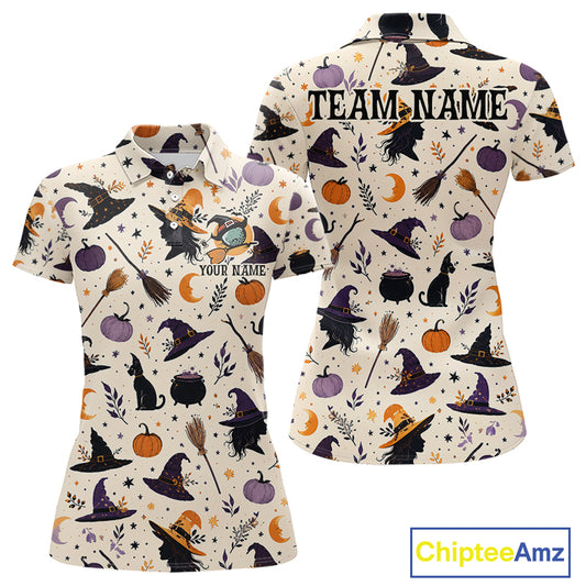 A women's short-sleeve polo shirt shown from the front and back on a white background. The shirt has an all-over Halloween print with witch hats, cauldrons, broomsticks, pumpkins, cats, stars, and crescent moons on a cream base.