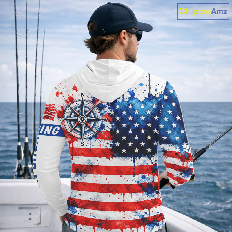 American Flag Compass Hooded Fishing Shirt Shirt Personalized Patriotic Outdoor Gear Performance Apparel NHT1787