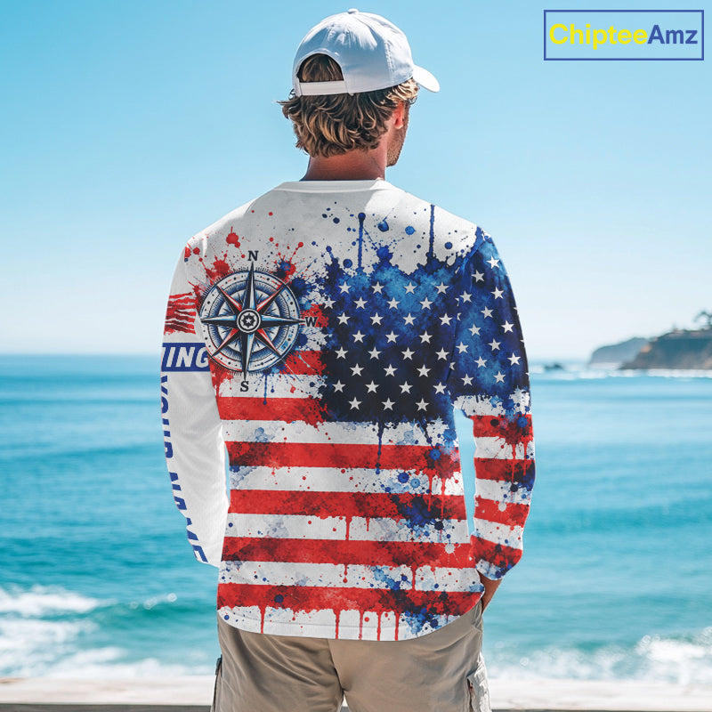 American Flag Compass Fishing Shirt Personalized Patriotic Outdoor Gear Performance Apparel NHT1787