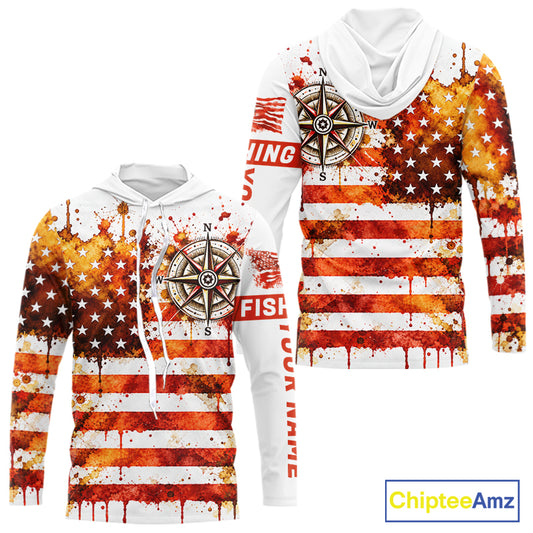 Autumn USA Flag Compass Hooded Fishing Shirt Shirt Personalized Fall Patriotic Outdoor Gear Performance Apparel NHT1788