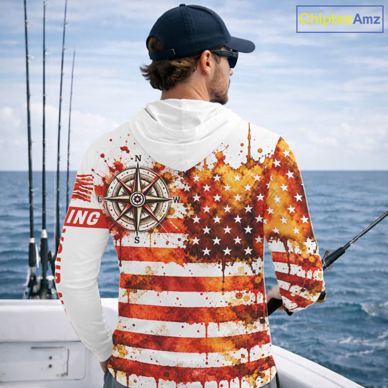 Autumn USA Flag Compass Hooded Fishing Shirt Shirt Personalized Fall Patriotic Outdoor Gear Performance Apparel NHT1788