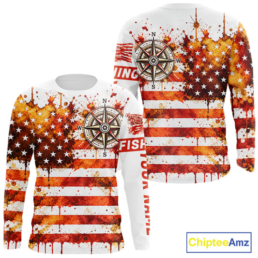 Autumn USA Flag Compass Fishing Shirt Personalized Fall Patriotic Outdoor Gear Performance Apparel NHT1788