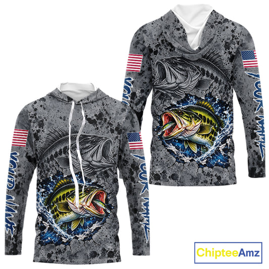 Largemouth Bass Hooded Fishing Shirt Shirt For Men Custom Grey Splash US Flag Outdoor Sports Apparel NHT1791