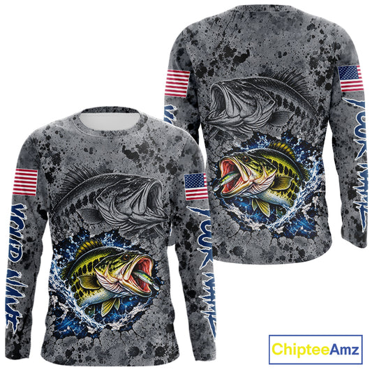 Largemouth Bass Fishing Shirt For Men Custom Grey Splash US Flag Outdoor Sports Apparel NHT1791