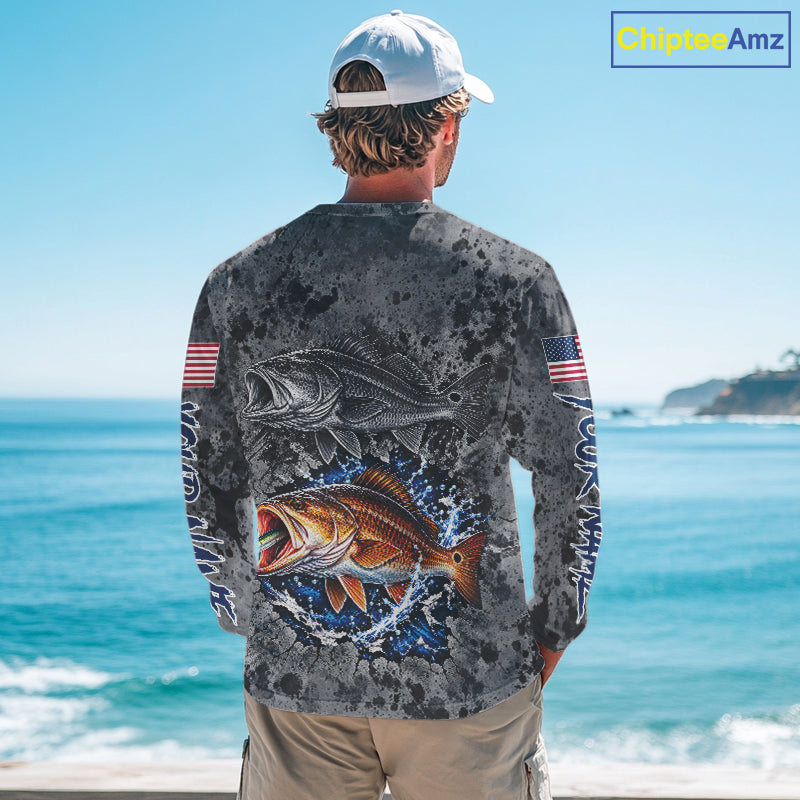 Redfish ( Red Drum) Fishing Shirt For Men Custom Grey Splash US Flag Outdoor Sports Apparel NHT1792