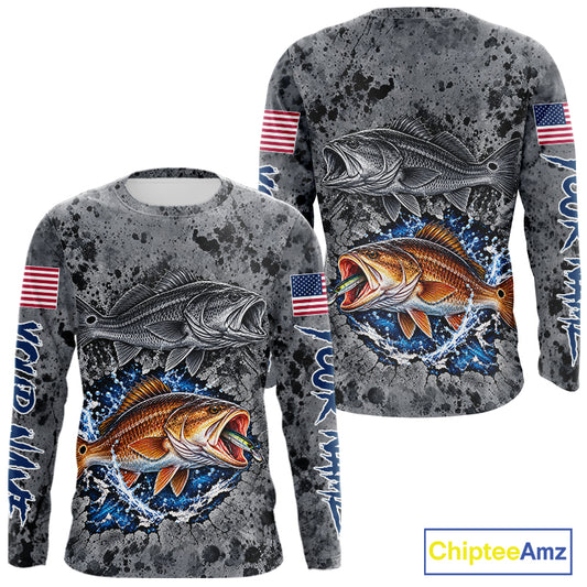 Redfish ( Red Drum) Fishing Shirt For Men Custom Grey Splash US Flag Outdoor Sports Apparel NHT1792