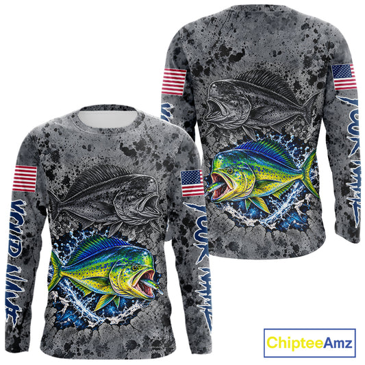 Mahi Mahi Fishing Shirt For Men Custom Grey Splash US Flag Outdoor Sports Apparel NHT1793
