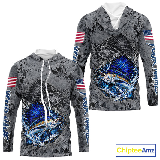 Sailfish Hooded Fishing Shirt Shirt For Men Custom Grey Splash US Flag Outdoor Sports Apparel NHT1794