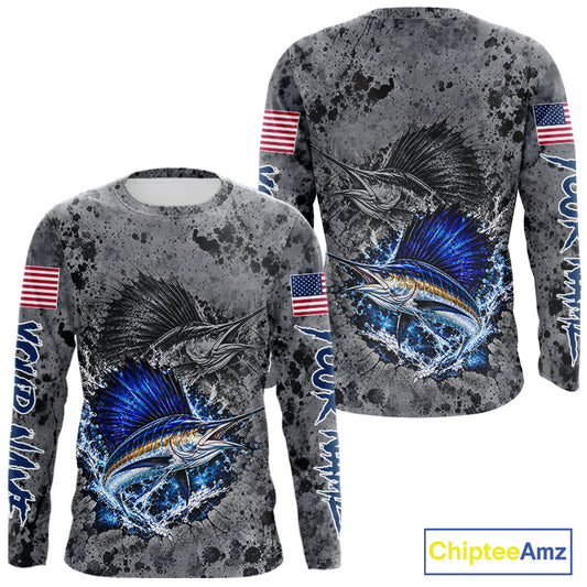 Sailfish Fishing Shirt For Men Custom Grey Splash US Flag Outdoor Sports Apparel NHT1794