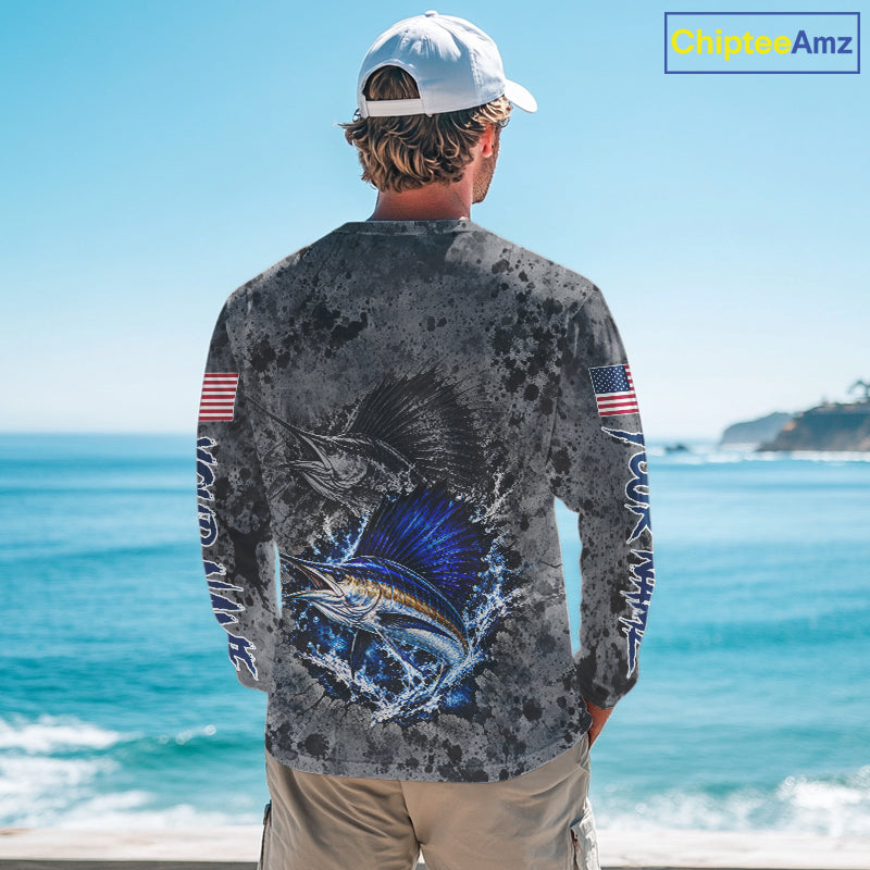 Sailfish Fishing Shirt For Men Custom Grey Splash US Flag Outdoor Sports Apparel NHT1794