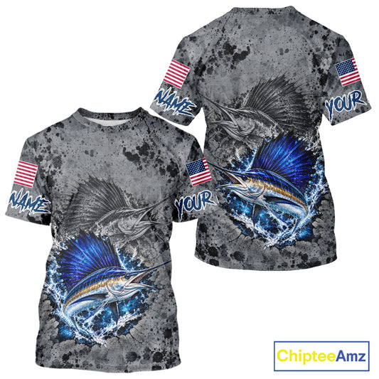 Sailfish Short Sleeve Fishing Shirt Shirt For Men Custom Grey Splash US Flag Outdoor Sports Apparel NHT1794