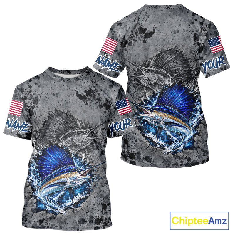 Sailfish Short Sleeve Fishing Shirt Shirt For Men Custom Grey Splash US Flag Outdoor Sports Apparel NHT1794
