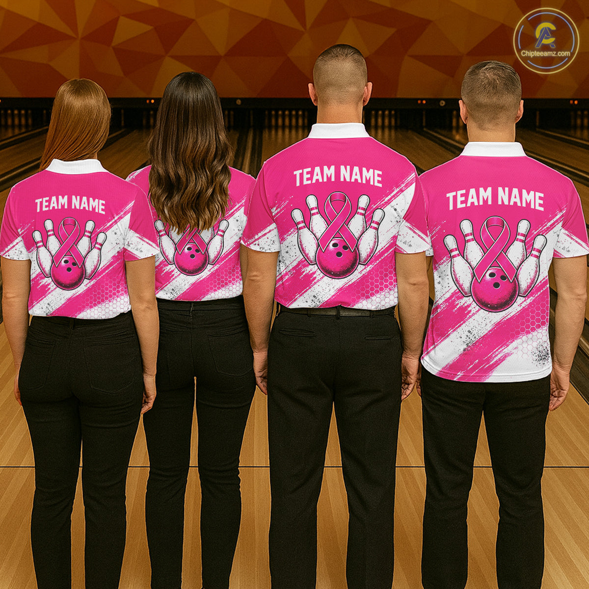 Custom Men Bowling Polo Shirt, Pink Breast Cancer Awareness Bowling Shirt, Personalized Team Jersey NHT1622