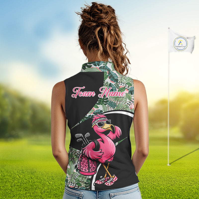 Funny Pink Flamingo Pattern Green Tropical Sleeveless Womens Golf Polo Shirt, Custom Flamingo Golf Shirt For Team NHT654