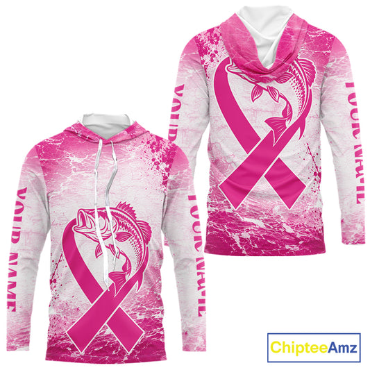 Pink Bass Fishing Shirt Hooded Long Sleeve, Breast Cancer Awareness Fishing Shirt, Bass Fisher Gift NHT1471