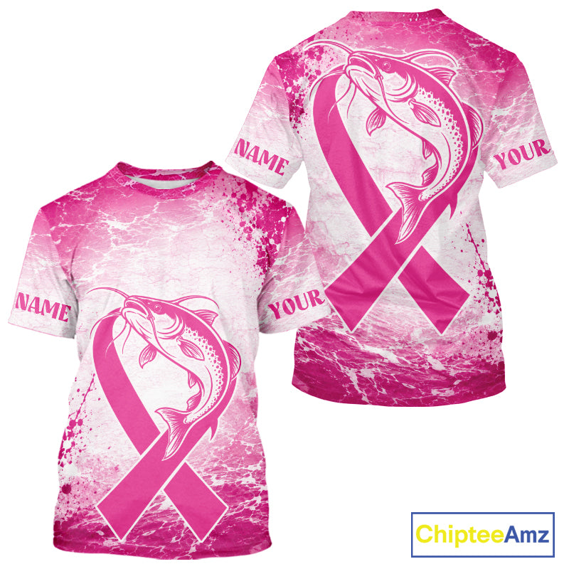 Pink Catfish Fishing Shirt Short Sleeve, Breast Cancer Awareness Fishing Shirt, Catfish Fisher Gift NHT1473