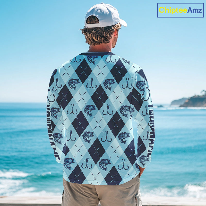 Personalized Largemouth Bass Fishing Long Sleeve Shirt, Argyle Fish Pattern Top NHT1481