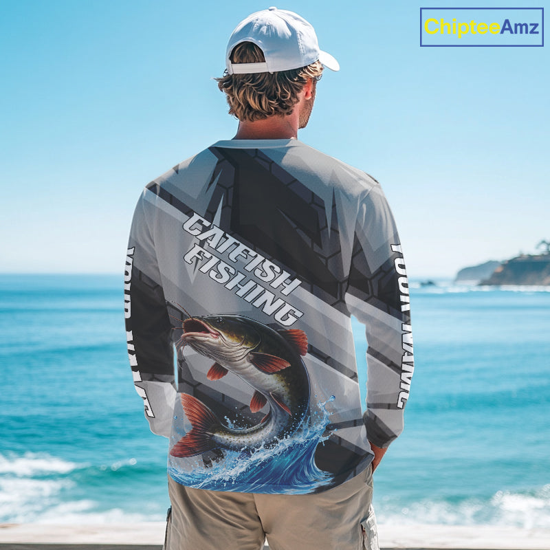 Gray Camo Custom Catfish Fishing Shirts Long Sleeve, Catfish Fishing Jerseys For Men NHT445