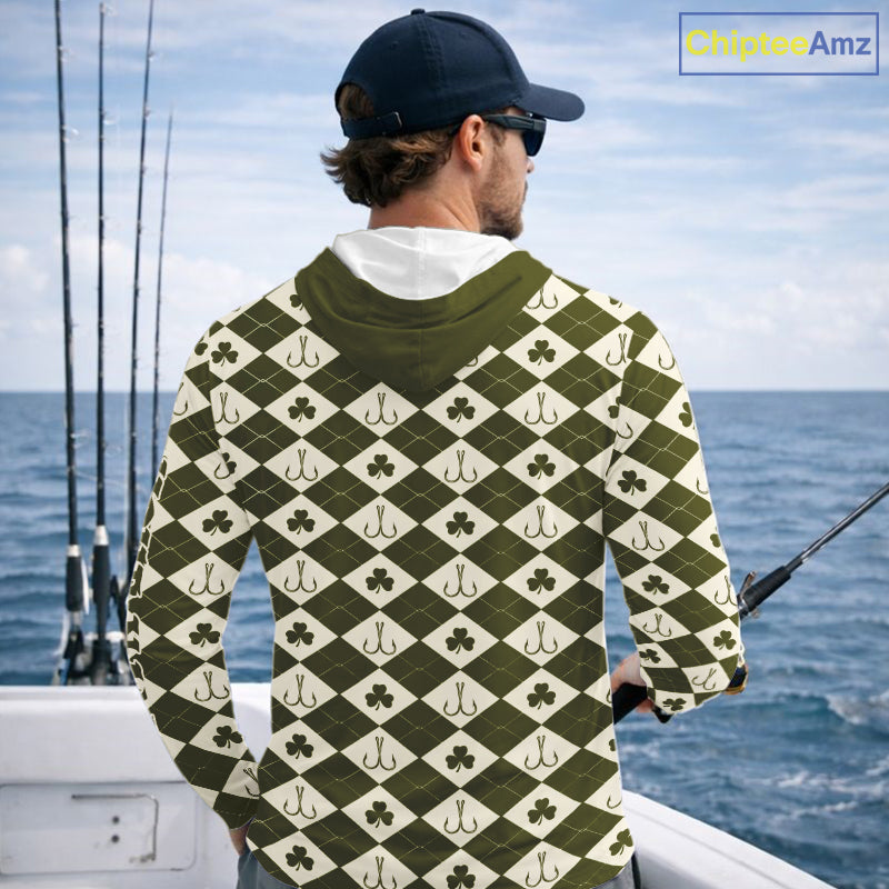 Irish Fishing Shirt Hooded Long Sleeve Shamrock Argyle, Funny Hook & Clover Pattern Top For Anglers NHT1483