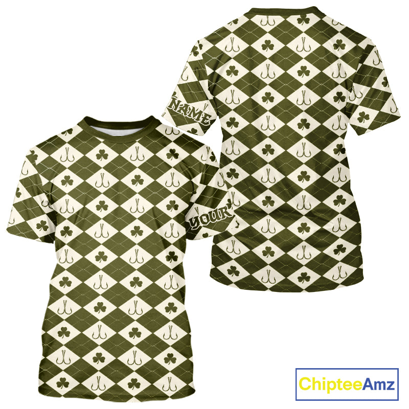 Irish Fishing Shirt Short Sleeve Shamrock Argyle, Funny Hook & Clover Pattern Top For Anglers NHT1483