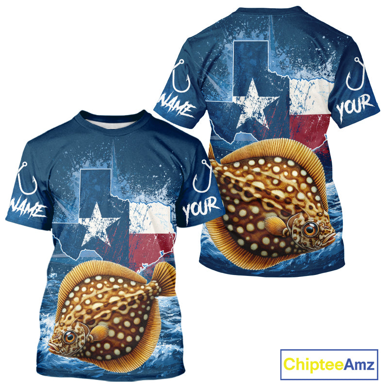 Texas Flag Flounder Fishing Jersey Short Sleeve Fishing T-Shirts , Saltwater Angler Gift For Men