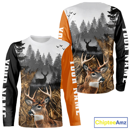 Whitetail Deer Hunting Shirt – Blaze Orange Camo Black Custom Name 3D Print NHT290
