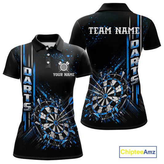 Blue Darts Target Shatter Polo 1/4-Zip Shirt For Women Custom Black Team Tournament Jersey NHT1660