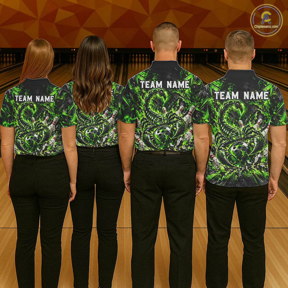 Green Scorpion Bowling Ball Pins Polo Shirt For Men Custom Neon Team Tournament Jersey NHT1675