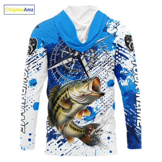 Blue Camo Custom Largemouth Bass Compass Hooded Long Sleeve Tournament Fishing Shirts NHT527