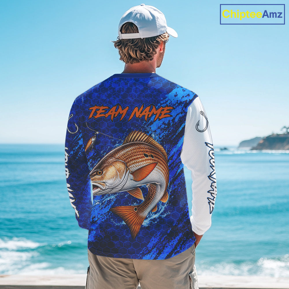 Redfish Fishing Blue Camo Long Sleeve Performance Fishing Shirt Custom Redfish Fishing Jerseys NBT1046